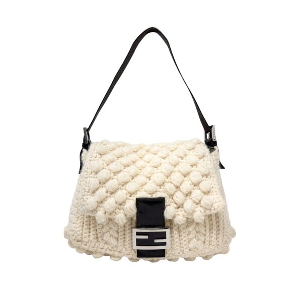 FENDI Vintage FF Logo Knit Mamma Baguette Shoulder Bag Wool Leather [106220] - Picture 5 of 15